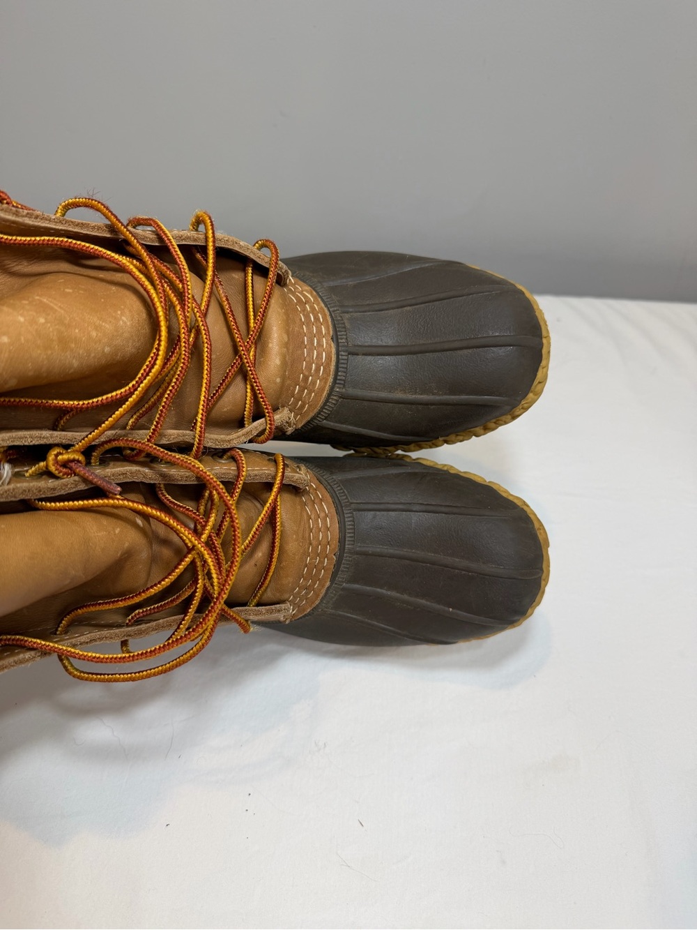L.L. Bean duck boots brown leather with blue rubber foot lace up ladies 9 mens 7 - Picture 4 of 8